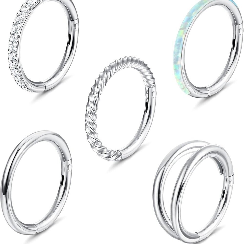 5 Pcs Surgical Steel Nose Hoop Rings Opal Cz Hinged Septum Earring